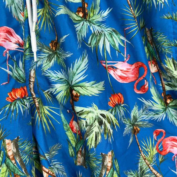Charleston Threads Men's Swim Trunks Large Blue Pink Parrot Short Elastic Waist - Picture 3 of 9